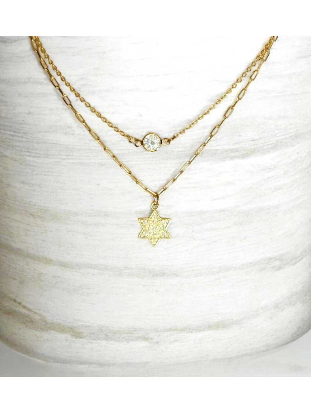 NWT CZ Star of David Layered Necklace - Gold-plated Adjustable Chain